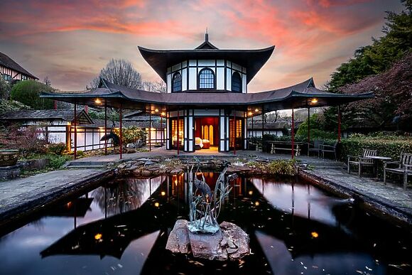 A Japanese pagoda style lodge with a private wood-fired hot tub in Dorset