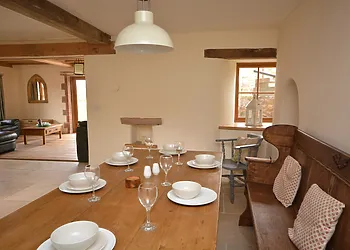Ample dining space around the farmhouse table