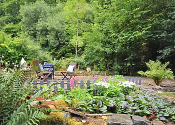 Enclosed back garden with wild flowers and seating area