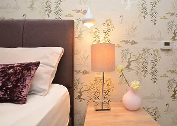 Serene pastels decorate the room