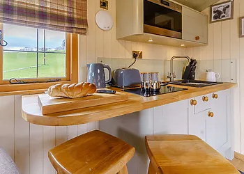 Kitchen area with hob, convection oven and microwave